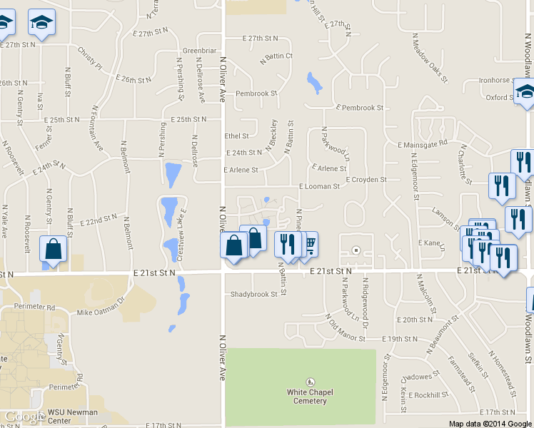 map of restaurants, bars, coffee shops, grocery stores, and more near 2330 North Oliver Street in Wichita