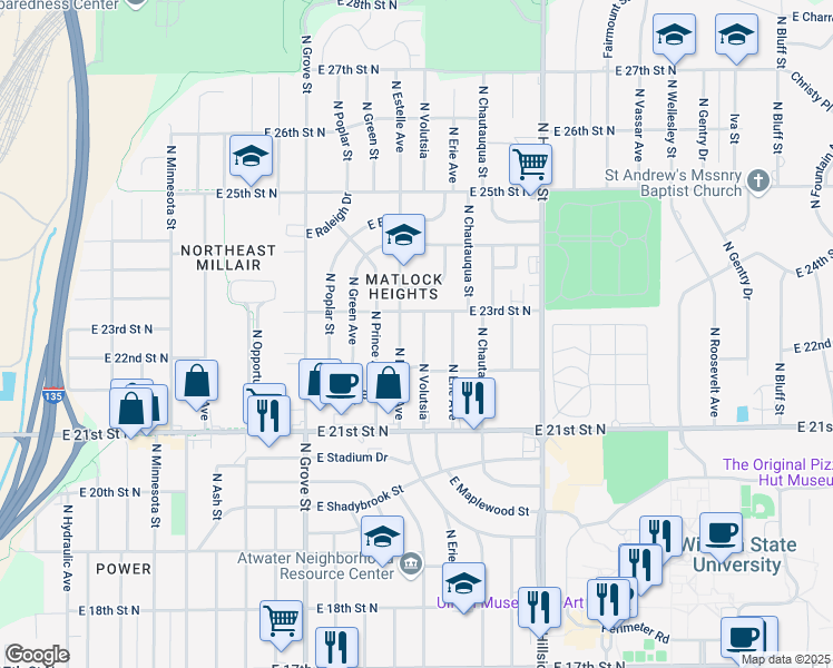 map of restaurants, bars, coffee shops, grocery stores, and more near 2314 Volutsia in Wichita