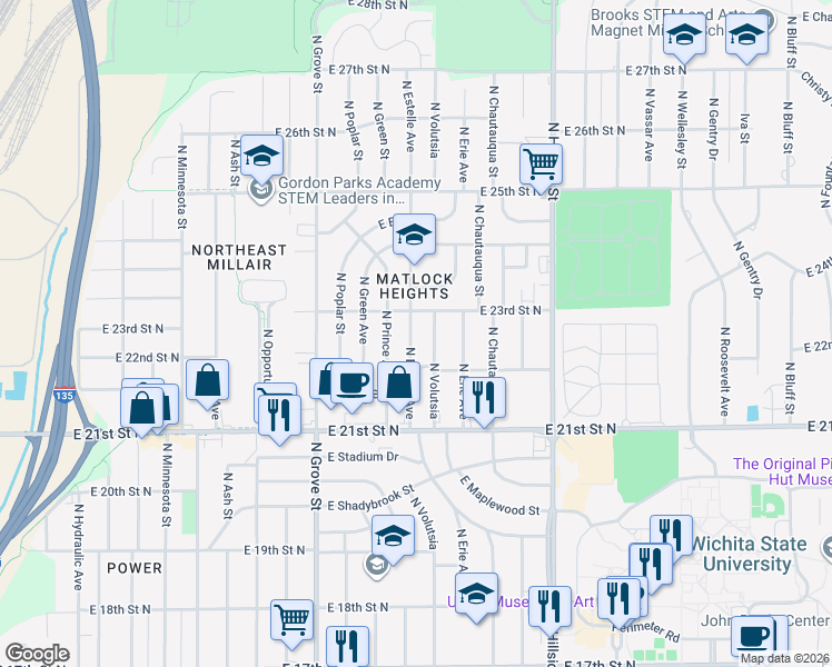 map of restaurants, bars, coffee shops, grocery stores, and more near 2320 North Prince Street in Wichita