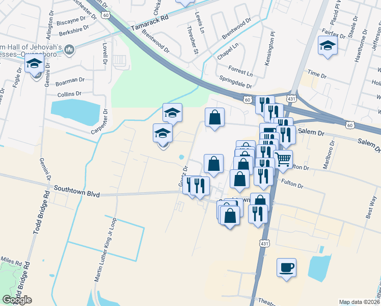 map of restaurants, bars, coffee shops, grocery stores, and more near 4610 Goetz Drive in Owensboro