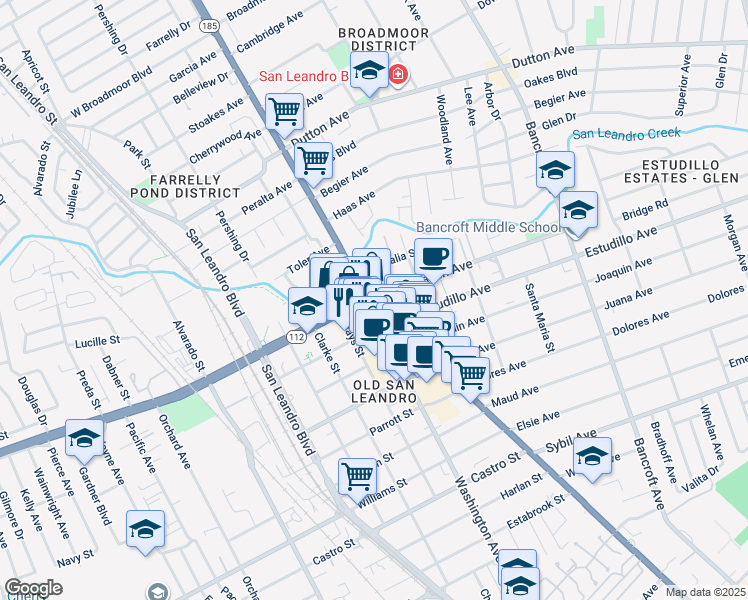 map of restaurants, bars, coffee shops, grocery stores, and more near 1287 Washington Avenue in San Leandro
