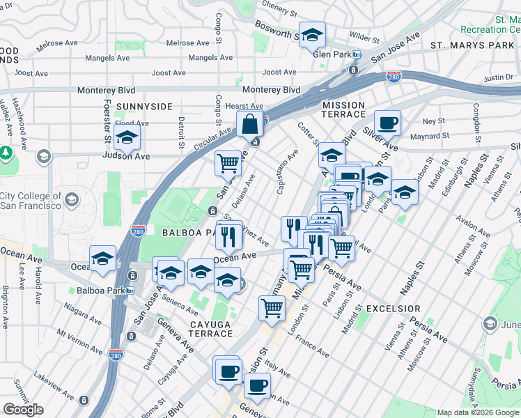 map of restaurants, bars, coffee shops, grocery stores, and more near 437 Capistrano Avenue in San Francisco