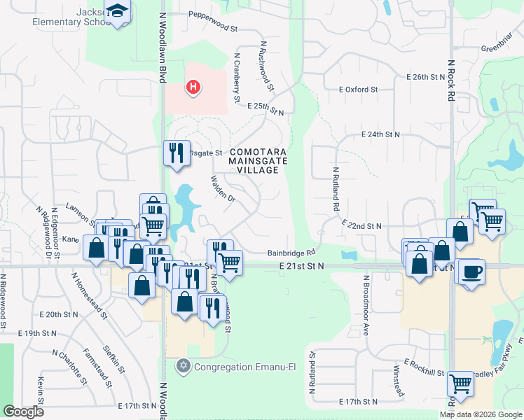 map of restaurants, bars, coffee shops, grocery stores, and more near 6804 East Trinity Circle in Wichita