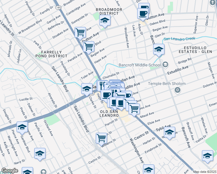 map of restaurants, bars, coffee shops, grocery stores, and more near 1300 East 14th Street in San Leandro