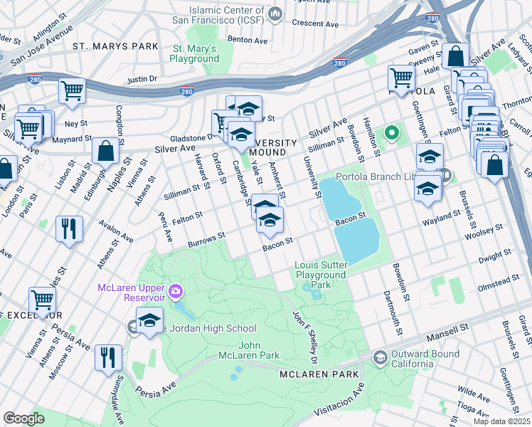 map of restaurants, bars, coffee shops, grocery stores, and more near 489 Cambridge Street in San Francisco
