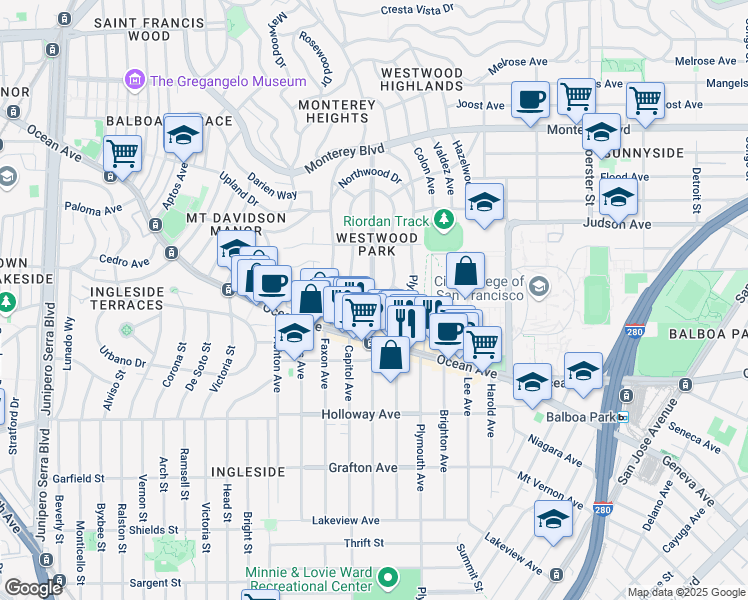 map of restaurants, bars, coffee shops, grocery stores, and more near 2 Eastwood Drive in San Francisco