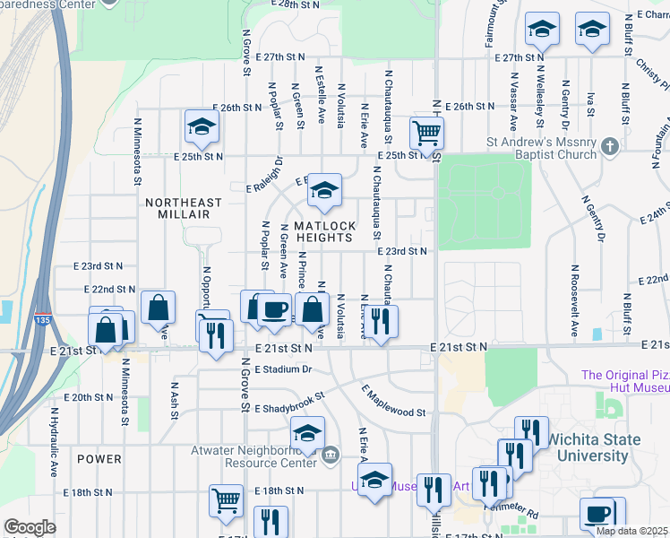 map of restaurants, bars, coffee shops, grocery stores, and more near 2314 Volutsia in Wichita
