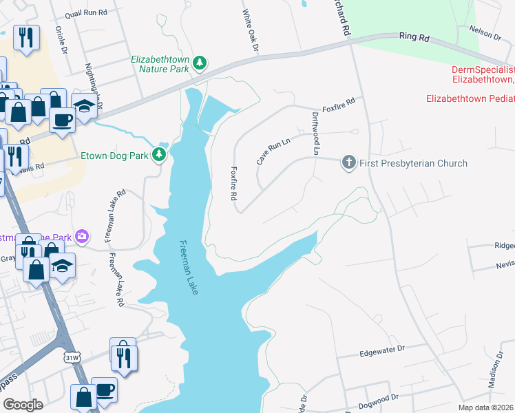 map of restaurants, bars, coffee shops, grocery stores, and more near Driftwood Lane in Elizabethtown