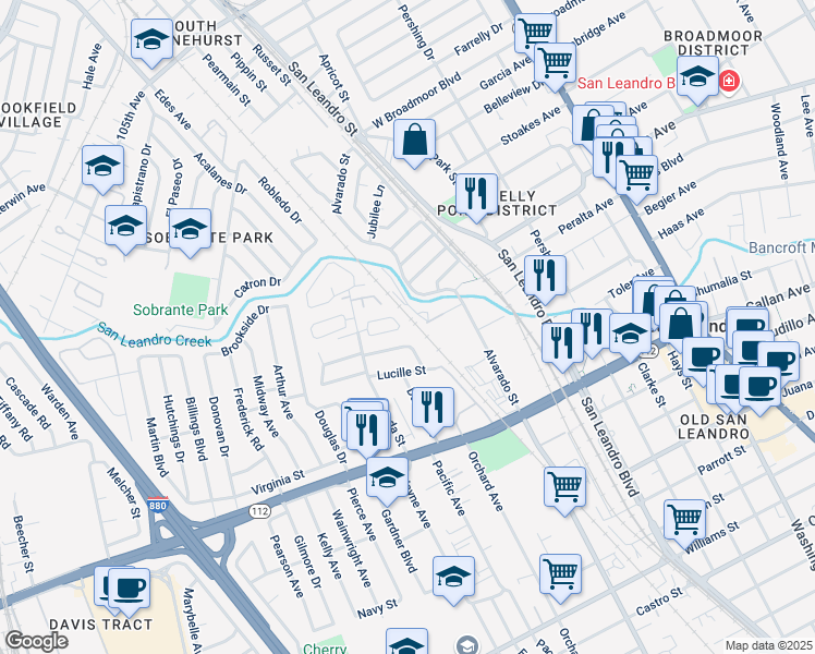 map of restaurants, bars, coffee shops, grocery stores, and more near 1145 Camellia Court in San Leandro