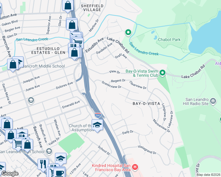 map of restaurants, bars, coffee shops, grocery stores, and more near 1447 Scenicview Drive in San Leandro