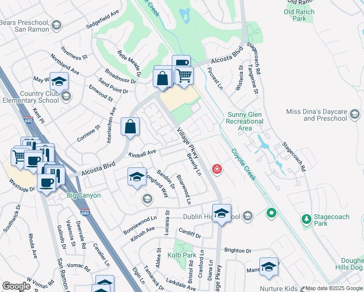 map of restaurants, bars, coffee shops, grocery stores, and more near 8629 Beverly Lane in Dublin
