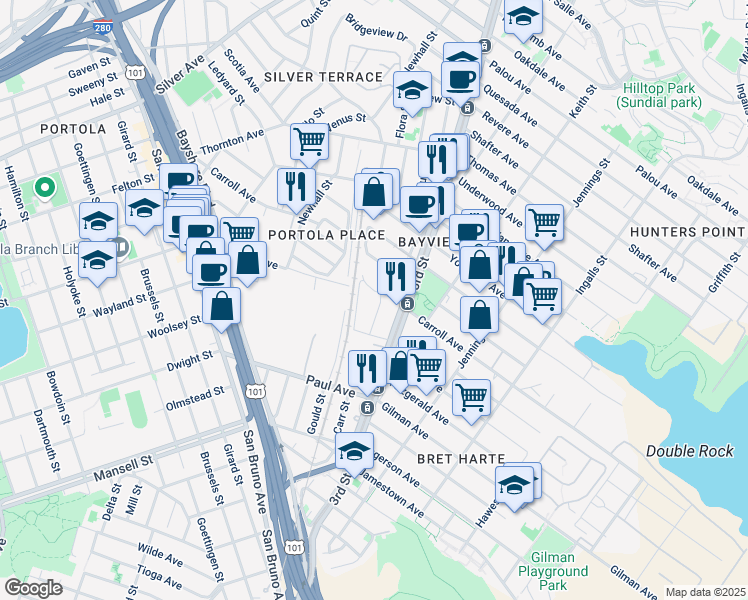 map of restaurants, bars, coffee shops, grocery stores, and more near 1751 Carroll Avenue in San Francisco
