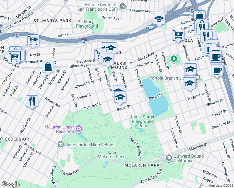 map of restaurants, bars, coffee shops, grocery stores, and more near 489 Cambridge Street in San Francisco