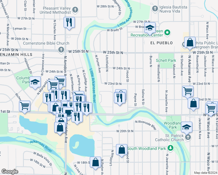 map of restaurants, bars, coffee shops, grocery stores, and more near 2395 Somerset Street in Wichita