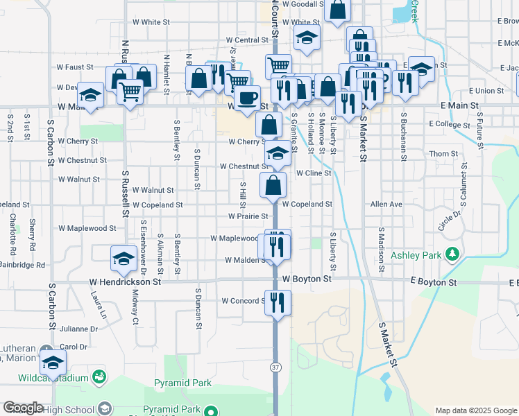 map of restaurants, bars, coffee shops, grocery stores, and more near 800-898 West Copeland Street in Marion