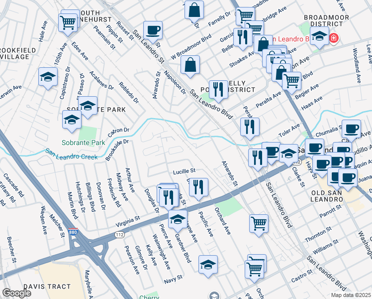 map of restaurants, bars, coffee shops, grocery stores, and more near 1145 Camellia Court in San Leandro