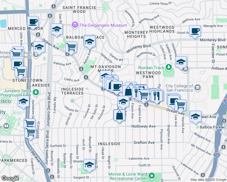 map of restaurants, bars, coffee shops, grocery stores, and more near 1920 Ocean Avenue in San Francisco