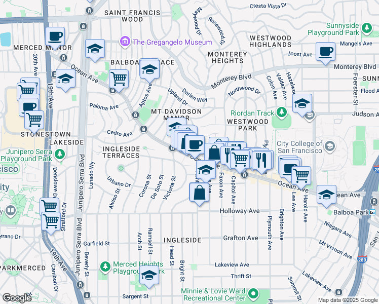 map of restaurants, bars, coffee shops, grocery stores, and more near 1920 Ocean Avenue in San Francisco