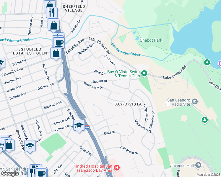 map of restaurants, bars, coffee shops, grocery stores, and more near 1571 Regent Drive in San Leandro