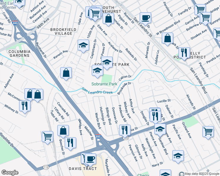 map of restaurants, bars, coffee shops, grocery stores, and more near 219 Bergedo Drive in Oakland