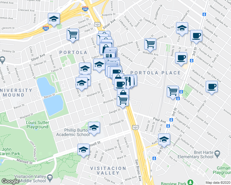 map of restaurants, bars, coffee shops, grocery stores, and more near 98 Wayland Street in San Francisco