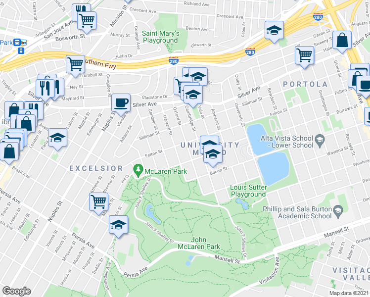 map of restaurants, bars, coffee shops, grocery stores, and more near 279 Oxford Street in San Francisco
