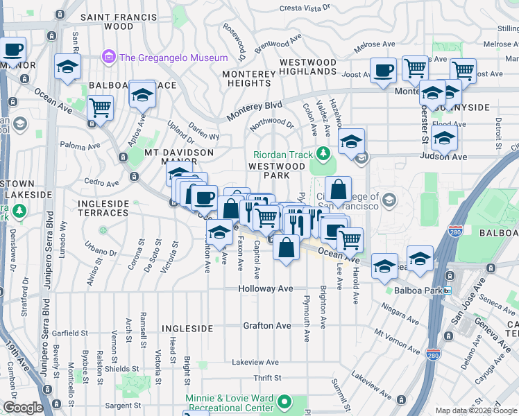 map of restaurants, bars, coffee shops, grocery stores, and more near 545 Miramar Avenue in San Francisco