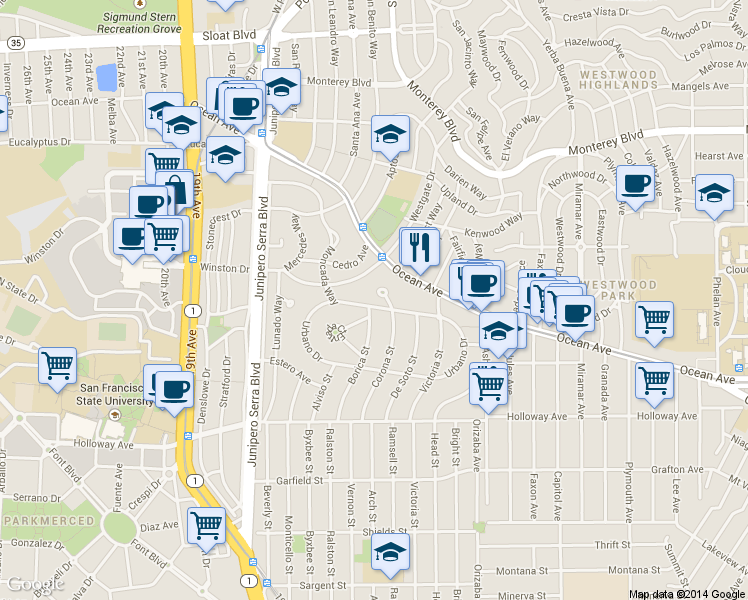 map of restaurants, bars, coffee shops, grocery stores, and more near 45 Cerritos Avenue in San Francisco
