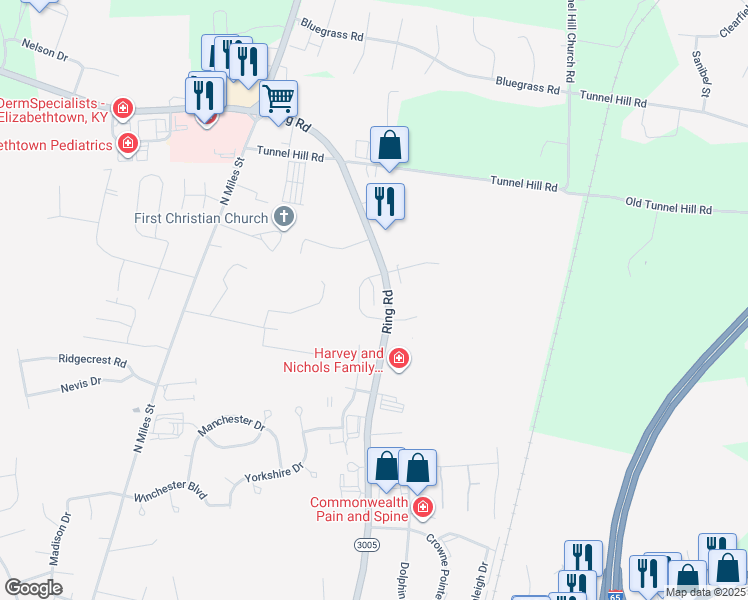 map of restaurants, bars, coffee shops, grocery stores, and more near 1313A Farmingdale Drive in Elizabethtown