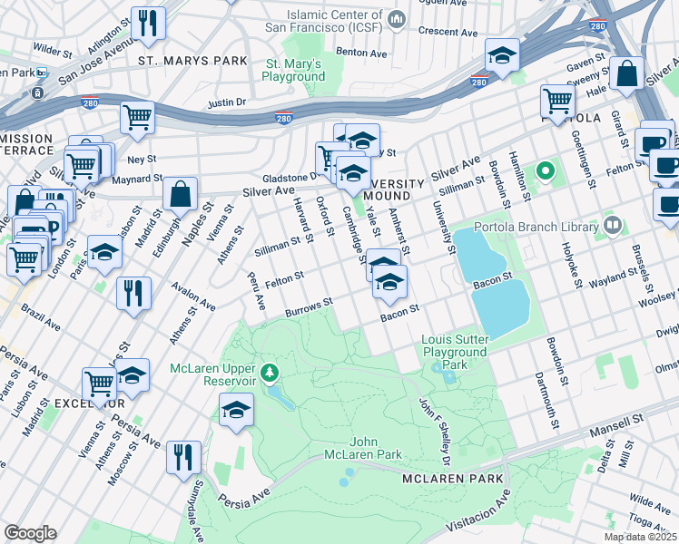 map of restaurants, bars, coffee shops, grocery stores, and more near 279 Oxford Street in San Francisco