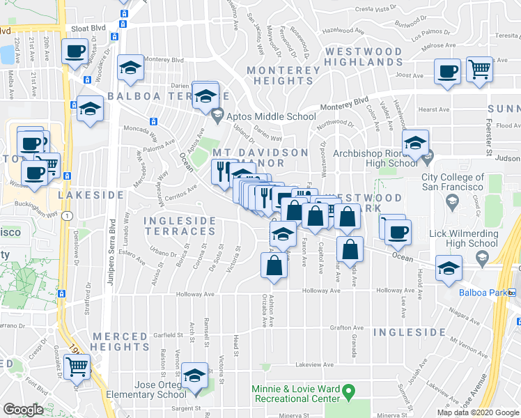 map of restaurants, bars, coffee shops, grocery stores, and more near 39 Keystone Way in San Francisco
