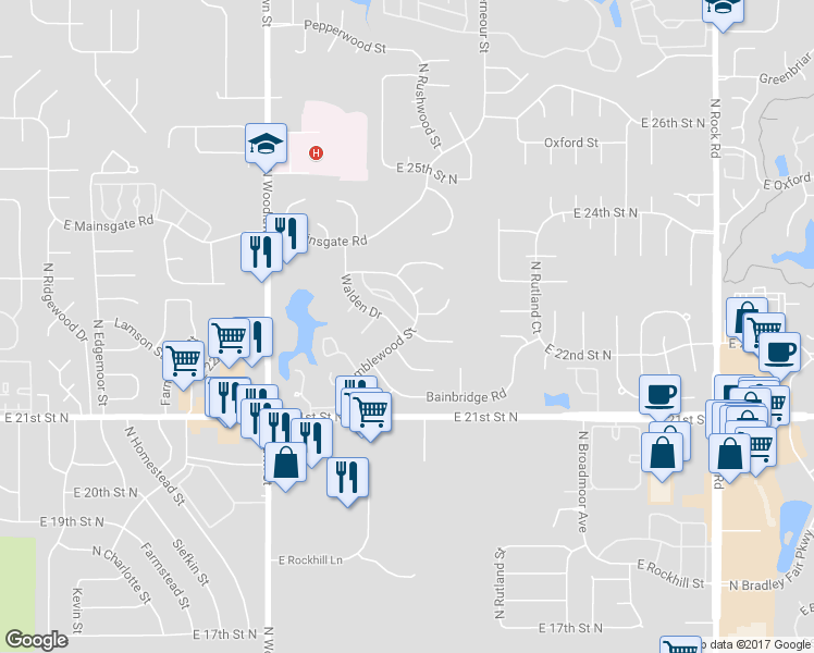 map of restaurants, bars, coffee shops, grocery stores, and more near 2332 Walden Drive in Wichita