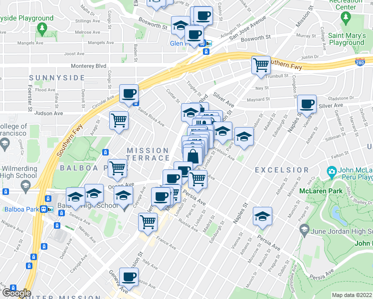map of restaurants, bars, coffee shops, grocery stores, and more near 58 Harrington Street in San Francisco