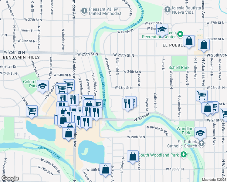 map of restaurants, bars, coffee shops, grocery stores, and more near 1555 West 23rd Street North in Wichita