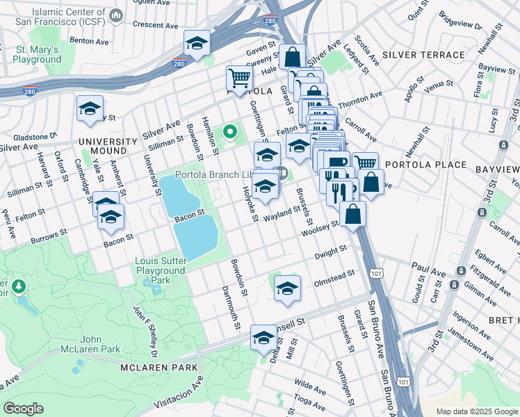 map of restaurants, bars, coffee shops, grocery stores, and more near 450 Somerset Street in San Francisco