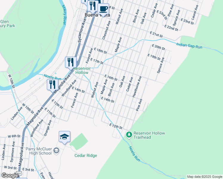 map of restaurants, bars, coffee shops, grocery stores, and more near 1500 Birch Avenue in Buena Vista