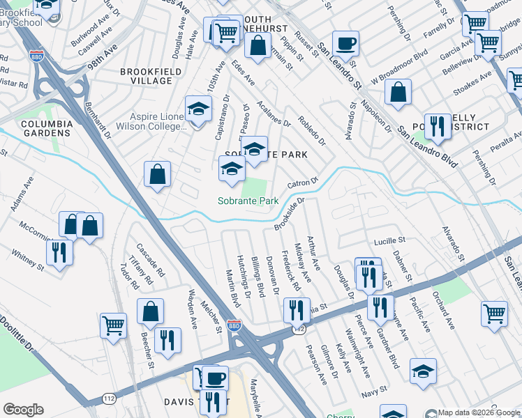 map of restaurants, bars, coffee shops, grocery stores, and more near 219 Bergedo Drive in Oakland