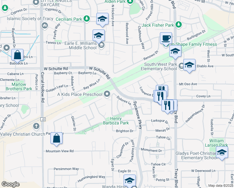 map of restaurants, bars, coffee shops, grocery stores, and more near 1455 Dolores Lane in Tracy