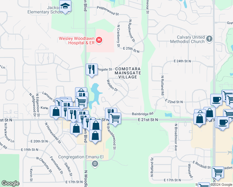 map of restaurants, bars, coffee shops, grocery stores, and more near 2403 Walden Drive in Wichita