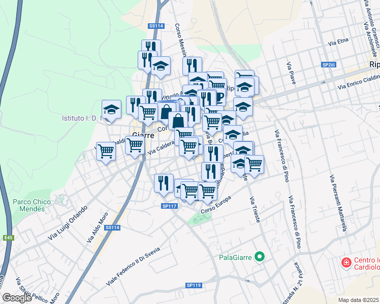 map of restaurants, bars, coffee shops, grocery stores, and more near 29 Via Salvatore Musumeci in Giarre