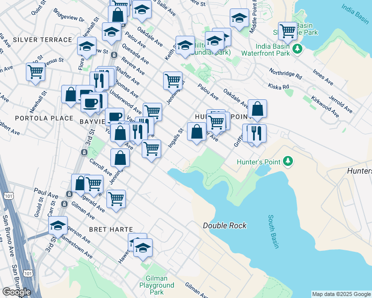 map of restaurants, bars, coffee shops, grocery stores, and more near 1235 Thomas Avenue in San Francisco
