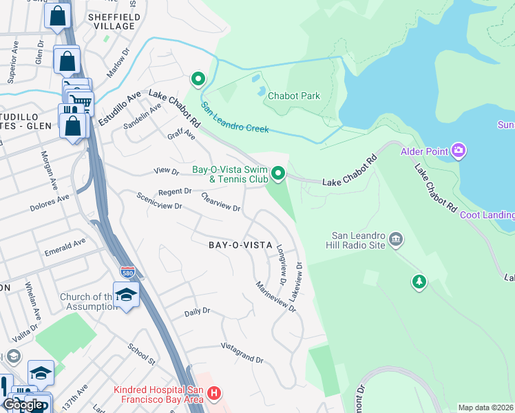map of restaurants, bars, coffee shops, grocery stores, and more near 1834 Skyview Drive in San Leandro