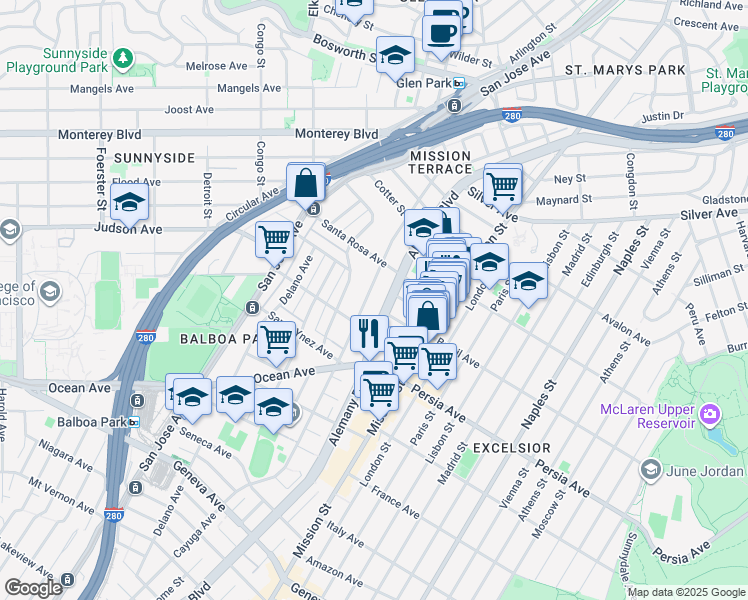 map of restaurants, bars, coffee shops, grocery stores, and more near in San Francisco