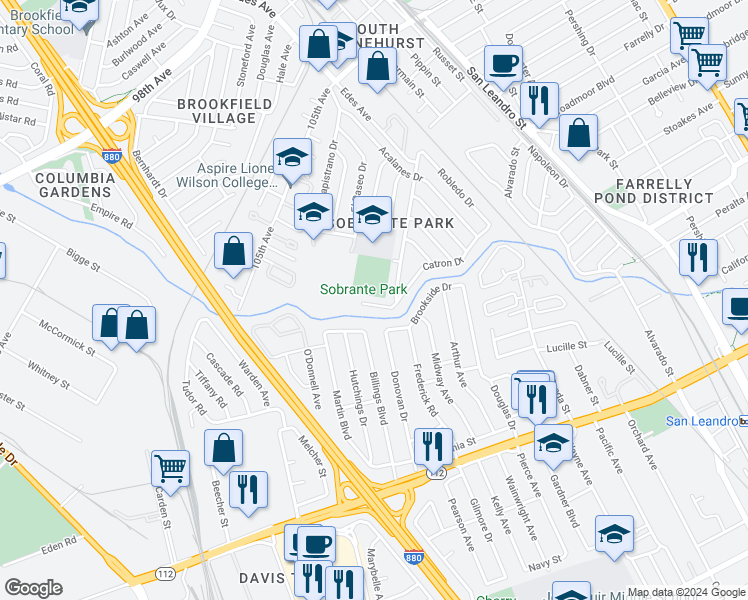 map of restaurants, bars, coffee shops, grocery stores, and more near 219 Bergedo Drive in Oakland
