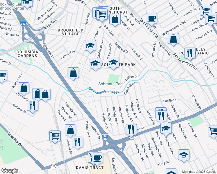 map of restaurants, bars, coffee shops, grocery stores, and more near 107 Catron Drive in Oakland