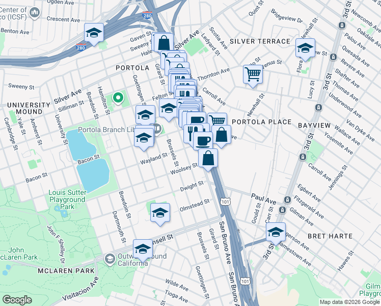 map of restaurants, bars, coffee shops, grocery stores, and more near in San Francisco