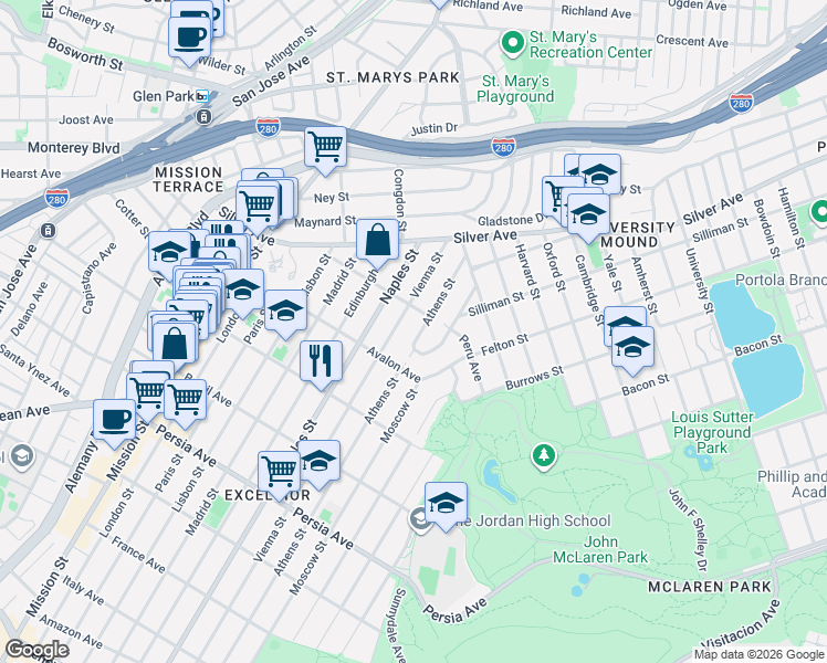 map of restaurants, bars, coffee shops, grocery stores, and more near 500 Peru Avenue in San Francisco