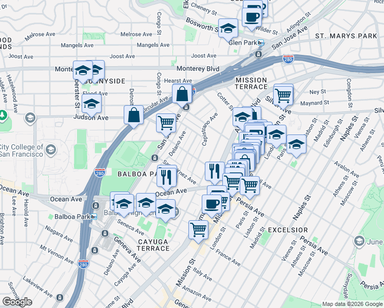 map of restaurants, bars, coffee shops, grocery stores, and more near 45 Otsego Avenue in San Francisco
