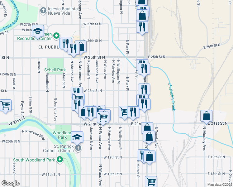 map of restaurants, bars, coffee shops, grocery stores, and more near 2408 North Wellington Place in Wichita