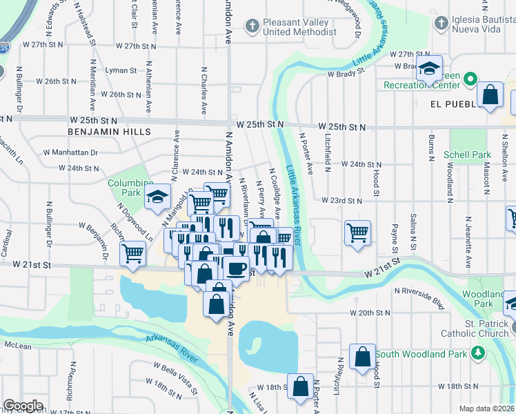 map of restaurants, bars, coffee shops, grocery stores, and more near 2458 Riverlawn in Wichita